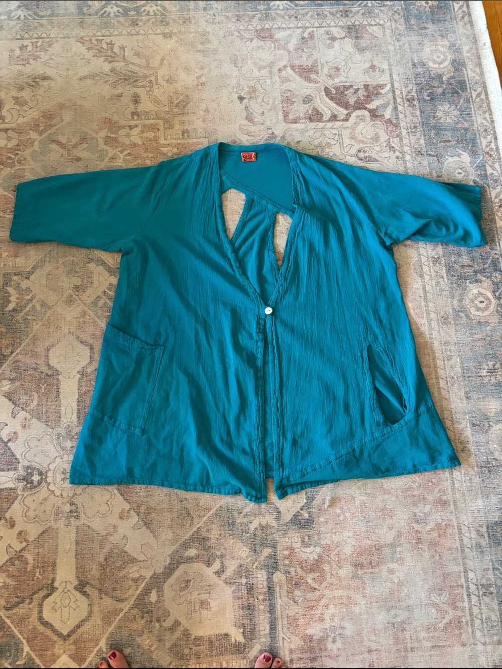 Oh My Gauze Teal Lightweight Button-Front Jacket with Cut Outs